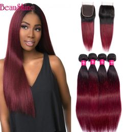 Ombre 1b99j Brazilian Straight Hair Bundles With Lace Closure 1b Burgundy Lace Closure With Human Hair Extensions9794876