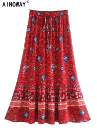 Skirts Vintage Chic Summer Fashion Women Red Floral Printed Beach Bohemian Maxi Skirts Bottoms Lady Rayon Aline Pleated Boho Skirt