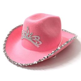 Bonnets For Women Pink Crown Cowboy Hat Hats Fashion Sunhat Performing Cap Decorate Party Rhinestone Sombrero Beanie Skull Caps235W