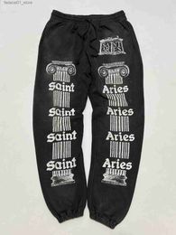 Men's Pants Top quality SAINT ARIES SWEAT PANTS Men Women Faded Black Saint Print Vintage Sweatpants Q240305