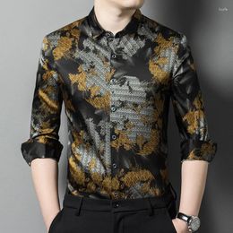 Men's Casual Shirts Real Silk Fabric High-End For Men Long Sleeve Print Autumn Quality Soft Comfortable Vintage Boutique Chemise Homme