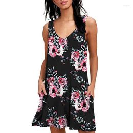 Casual Dresses Women Summer Sleeveless Midi Print Tank Vest With Pockets Floral Skirts Loose Fit Short Flowy Pleated Dress