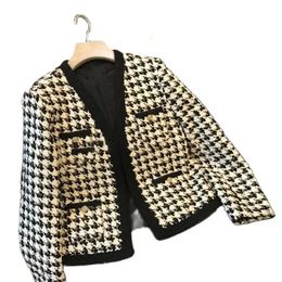 Houndstooth Tweed Blended Vintage Womens Jacket Short Coat Korean Fashion Long Sleeve Winter Clothes Jackets For Women 2024240304