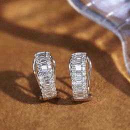 Xinfly Real Diamond White Gold Art Deco Shrimp Style Baguette Hoop Huggie Earrings