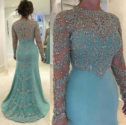 Rhinestones Beaded Appliques Mother of the Bride Dresses Mint Green Mermaid Wedding Dress Sparkly Long Sleeve Formal Party Gowns9842067