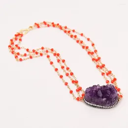 Pendant Necklaces GG Jewelry 18'' 3 Rows Natural Purple Amethyst Druzy Rough Quartz CZ Red Crystal Chain Chokers Necklace