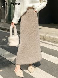 Skirt Faux Fur Maxi Skirt Women Winter A Line Office Lady Knitted Long Skirts Korean Office Warm Soft Fluffy Black Bodycon Skirt Fall