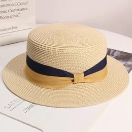 Berets Summer Women's Straw Hat Flat Top Sunshade Bow Sunscreen Travel Holiday Sun Comfortable Leisure And Elegant