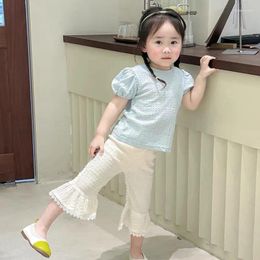 Clothing Sets Girls Set 2024 Summer Fashion Bow Bubble Sleeve T Shirt Pleated Flare Pants Casual Simple Sweet Two Piece For