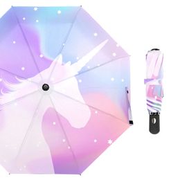 Compact Travel Umbrella Unicorn Print Fully Automatic Womens Rain Umbrella Windproof Anti-UV Three Folding Umbrella Parasol 240301