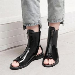 Casual Shoes PXELENA 2024 Summer Front Zipper Peep Toe Gladiator Sandals Women Cuban Low Heels Comfort Lady Patent Leather