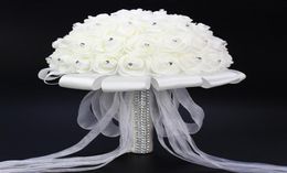 2018 Beautiful White Ivory Bridal Bridesmaid Flower Wedding Bouquet Artificial Flower Rose Bouquet Crystal Bridal Bouquets8064392