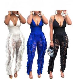 Women039s Jumpsuits Rompers Lace Ruffles Sexy White Skinny Jumpsuit Women Autumn Vneck Long Jump Suit Romper Female Spaghett7471145