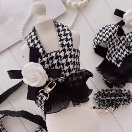 Harnesses Houndstooth Vest Traction Rope Fashion Bowknot Dog Belt Small Dog Chain Black White Plaid Seat Belt Chihuahua Yorkshire Coat