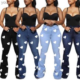 Women's Jeans Womens Jeans Bell Bottomed Wide Leg Womens Clothing Heart Printing Classic High Waist Pants Bootcut Trousers 240304