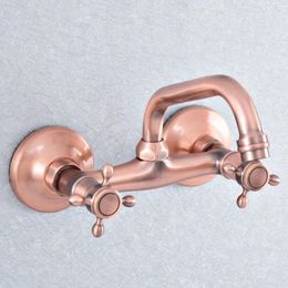 Bathroom Sink Faucets Antique Red Copper Faucet Wall Mounted Double Handle Swivel Spout And Cold Mixer Nsf865