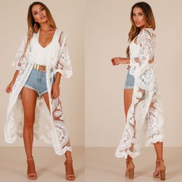 Inspired kimono maxi wrap beach tunic tops batwing sleeve long Women's shirt Self-tie waist kaftan cover up beach blusas 210412