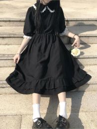 Dress Japanese Sweet Peter Pan Collar Harajuku Kawaii Preppy Style Dress Women Ruffle Patchwork Dress Girl Retro Cotton Aline Midi