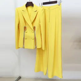 Women's Two Piece Pants JAMERARY Diamond Chain Suit Coats Women Set Yellow Hollow Out Blazers Wide Leg Long Trousers Suits Elastic Waist