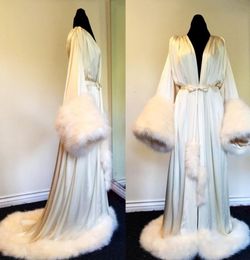 Women Winter Robe Nightgown Bathrobe Pyjamas Sleepwear With Fur Train Long Sleeve Jackets Wedding Bridesmaid Shawel9804576