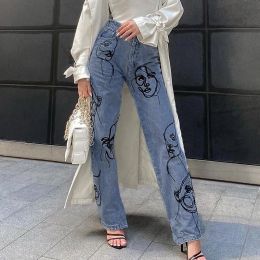 Jeans Gothic New Style Abstract Face Print High Waist Loose Harajuku Hiphop Pants Casual Fashion Streetwear Straight Denim Trousers
