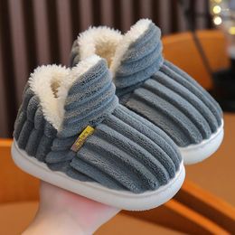 Slipper Winter Simplicity Stripe Plush Slippers Children's Non-slip Soft Sole Kids Boys Girls Heel Wrap Warm High Home Cotton Shoes