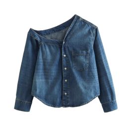 Jackets TRAF Women Fashion Single Shoulder Asymmetrical Denim Smock Blouse Femme Chic Pocket Buttons Shirt Chemise Blusas Tops