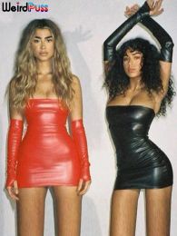 Dresses Weird Puss Women Sexy Short Faux Pu Leather with Gloves Party Dress Fiess Skinny Bodycon Backless Hot Street Fashion Clubwear