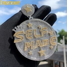 Iced Out Letter Self Made Pendant Necklace Bling 5A Zircon CZ Heavy Chunky Round Badge Charm Men Fashion Hip Hop Jewellery 240226