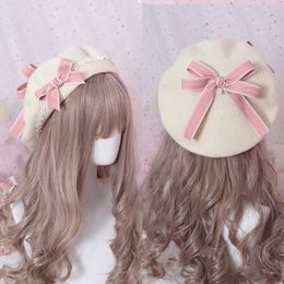 Soft Sweet daisy Bow Hat French Biscuit Beret Wool Painter Side Fold Hairpin Lolita Accessory Cute Female 240229