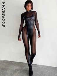 BOOFEENAA Black Mesh Sheer Bodycon Jumpsuit for Women Sexy Clubbing Outfits Gothic Punk Black Techwear C70-EC27240304