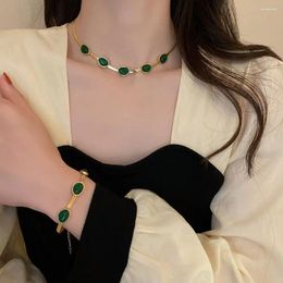 Necklace Earrings Set Irregular Shaped Emerald Stainless Steel Jewelry Creative Retro Design High Quality Blade Chain Women's Gift Luxury