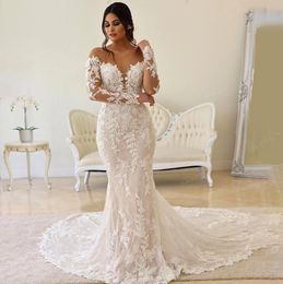 Abiti da sposa eleganti per le donne 2024 Top in maglia trasparente maniche lunghe Abiti da sposa Applicazioni in pizzo Abiti senza schienale Abiti da sposa 0304