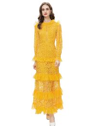 Extravagant Sexy Sweet Spring High Quality Female Fashion Party Golden Lace Cake Sexy Hollow Out Slim Fit Chic Long Sleeve Dress