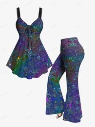 Suits Ruched Star Heart Glitter Printed Cinched Tank Top Or Flare Pants Plus Size Matching Set Women Casual Streetwear Outfits