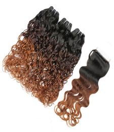 Water Wave 1B430 Auburn Ombre Brazilian Virgin Human Hair 3Bundles with Closure Wet Wavy 3Tone Ombre Weaves with 4x4 Lace Closu1501204