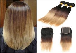 1B427 Honey Blonde Ombre Brazilian Hair 3Bundles With Lace Closure Dark Roots Three Tone Silky Straight Ombre Hair Weaves With 7410567