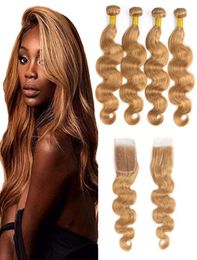 Honey Blonde Color Body Wave Hair Unprocessed Brazilian Human Virgin Hair 3 Bundles Deals with 44 Lace Closure 27 Color Light Bl9671624