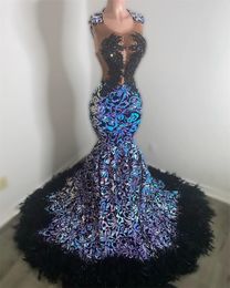 Special Black Rhinestone Feather Sequined Lace Prom Dress 2024 Blackgirl Mermaid Party Dress Women Elegant Luxury Seethru Formal