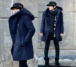 Whole 2017 Autumn Winter Korea Style Hooded Trench Coat Men Slim Fit Double Button Long Trench Casual Black Navy Mens Jacket 4735100