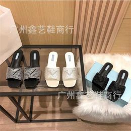 32% OFF Sports shoes 2024 P Family Water Diamond Slippers for Womens Summer New Triangle Label Outwear One line Square Head Heel Cool Drag Flat Bottom