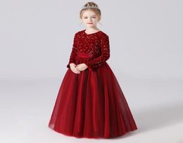 Abito da festa per ragazza a maniche lunghe con paillettes invernali rosa rosso Abito per bambini per ragazze Abbigliamento per bambini Abiti da sposa principessa in velluto Costum5872763