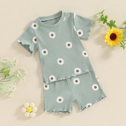 Clothing Sets Toddler Baby Girl Summer Clothes Ruffle Ribbed Knit Short Sleeves T-Shirt Tops Shorts Cute Outfits Set