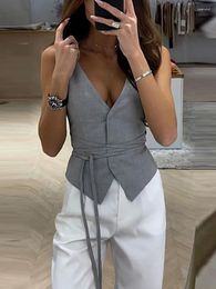 Women's Tanks Elegant Lace Up Vest Women Fashion Deep V-neck Sleeveless Slim Tank Female 2024 Sping Summer Grey Office Ladies Outwear