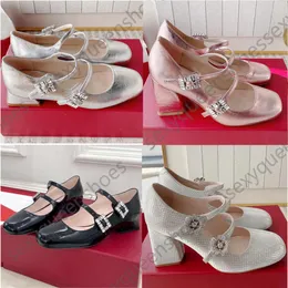 Designer de luxo Mary Jane Sapatos Mulheres Couro Genuíno Salto Alto Tira no Tornozelo Fivela Dedo Do Pé Redondo Novos Ballet Flats Sapatos Moda Fivela de Diamante Sapatos Decorativos