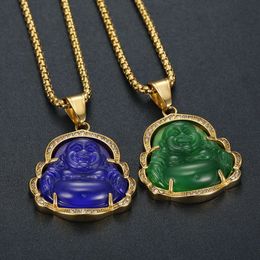 Hip Hop Vintage Jade Maitreya Buddha Titanium Steel Pendant Necklace 18K Real Gold Plated Women Men Jewellery