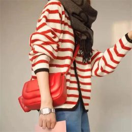 Cardigans Spring Autumn Red White Striped Women Sweater French Single Breasted Knitted Cardigan Long Sleeve Contrast Colour Jacket y2k H151