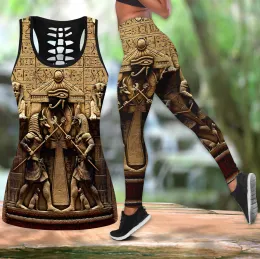 Outfit Anubis Ancient Egyptian 3D Printed Hollow Tank Top & Leggings Set Fitness Female Full Length Leggings Yoga Pants LKB22