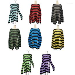 Women's Sweaters Women Crochet Knit Long Sleeve Sweater Harajuku Gothic Punk Striped Ripped Hole Pullover Top Oversized Broken Dress