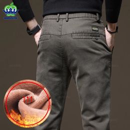 Brand Clothing Winter Fleece Warm Casual Pants Men Cotton Elastic Waist Brown Grey Twill Work Slim Flocking Cargo Trousers Male240304